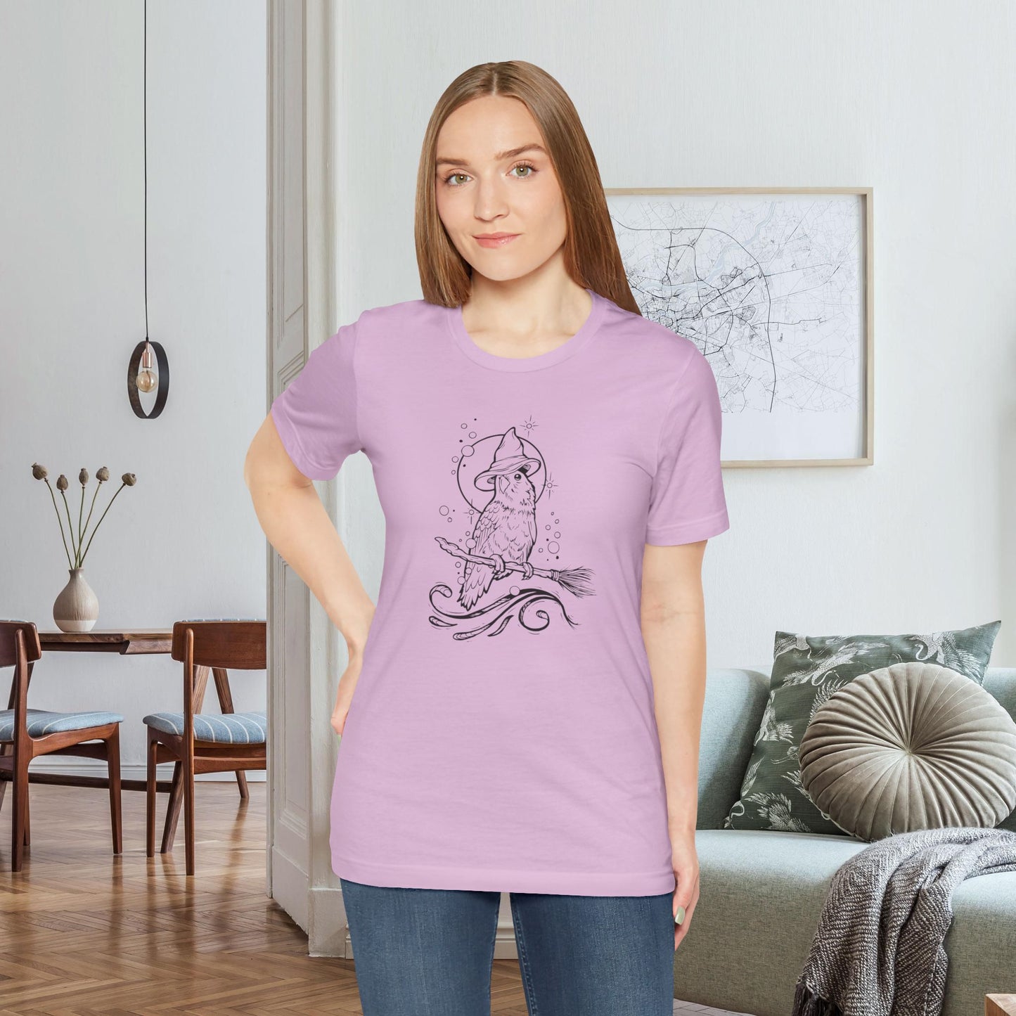 Lovebird Witch on a Broom, Line Art Tee