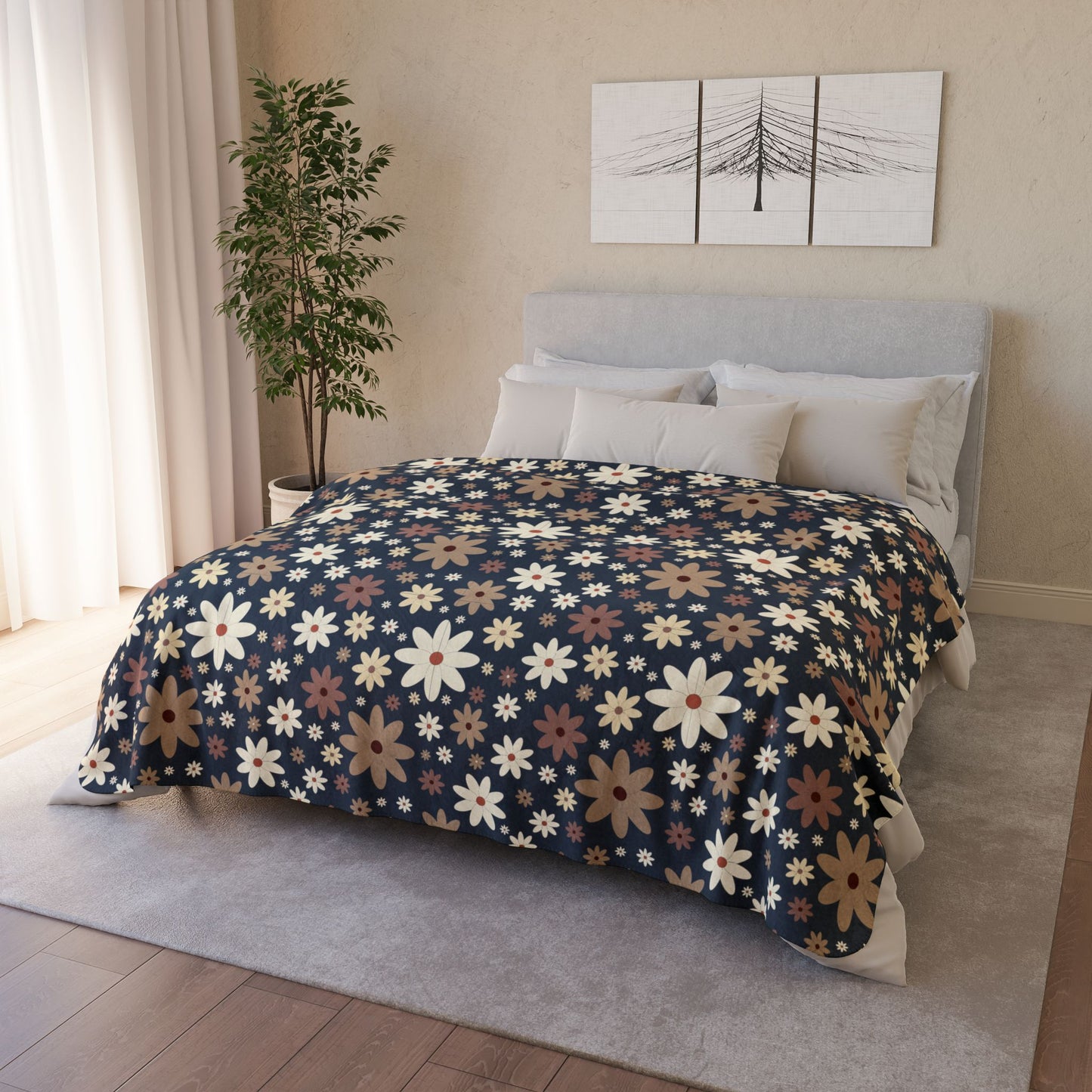 Dark Blue Daisies Fleece Sherpa Blanket