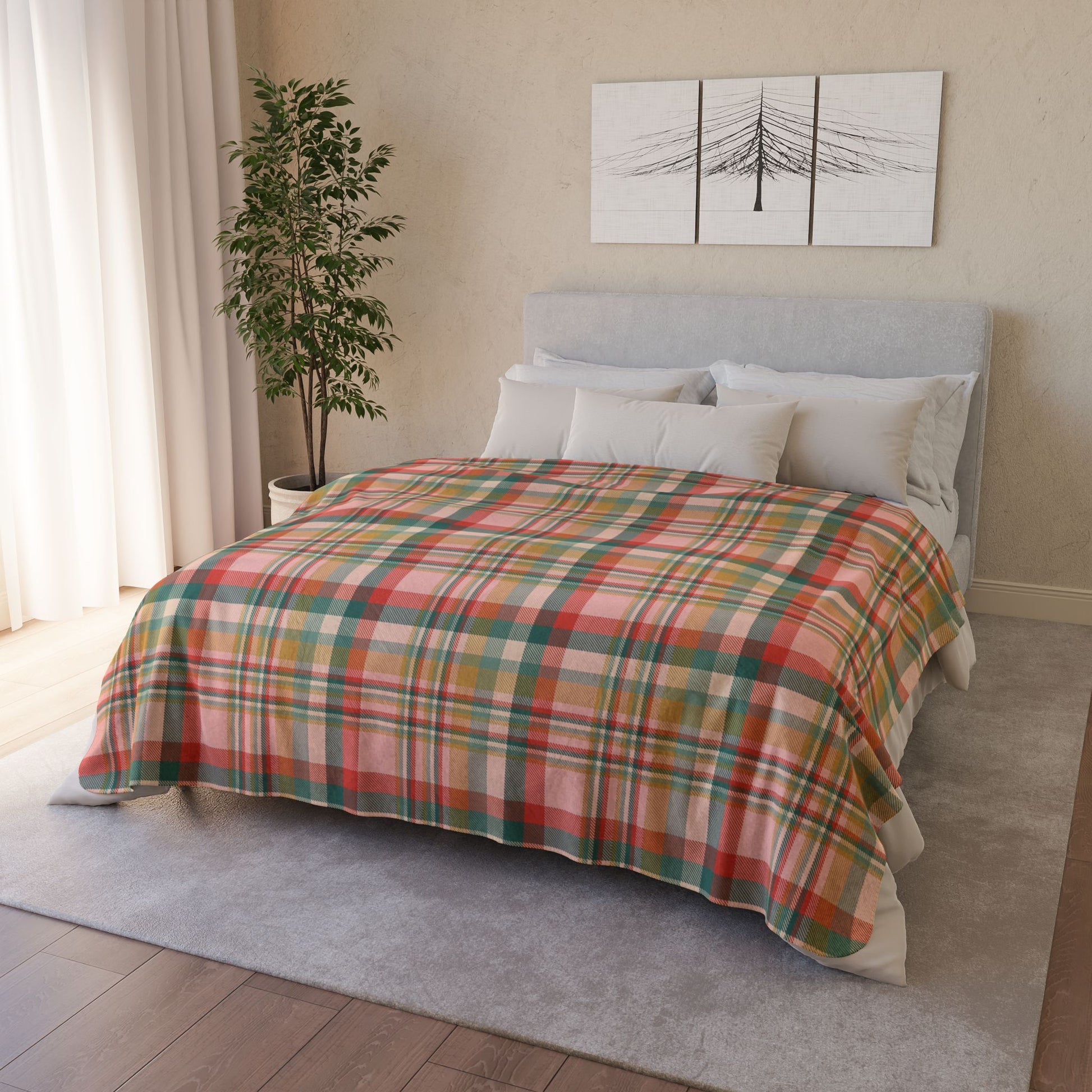 Christmas MCM Peach Plaid Fleece Sherpa Blanket