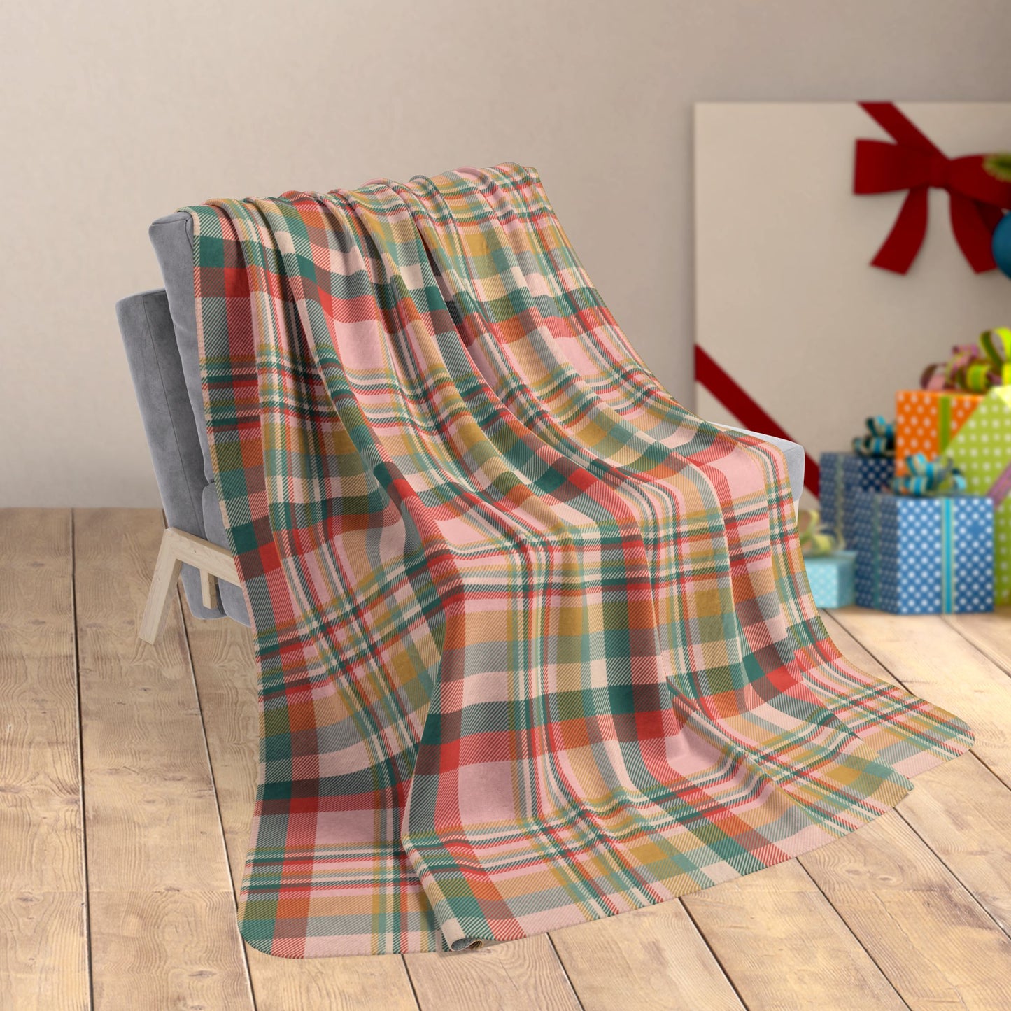 60" × 80" Christmas MCM Peach Plaid Fleece Sherpa Blanket