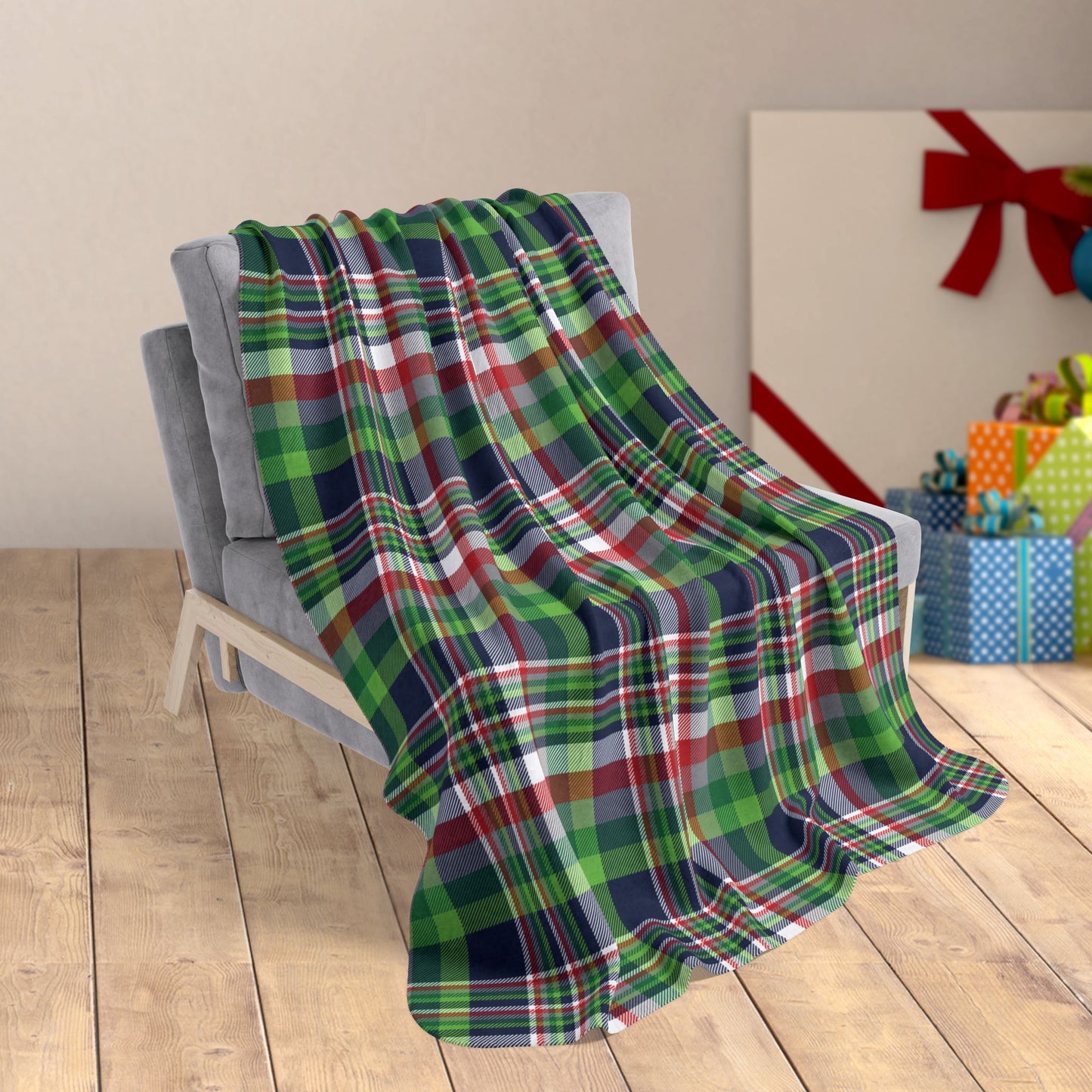 50" × 60" Christmas Navy & Neon Green Seattle WA Plaid Fleece Sherpa Blanket