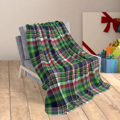 50" × 60" Christmas Navy & Neon Green Seattle WA Plaid Fleece Sherpa Blanket