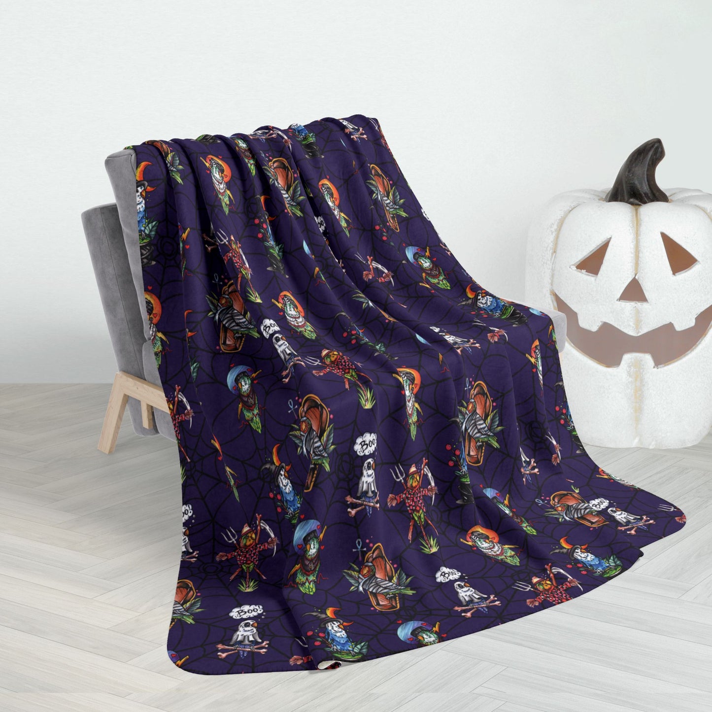 60" × 80" Halloween Lovebirds Fleece Sherpa Blanket, Hand-Drawn & Hand-Colored