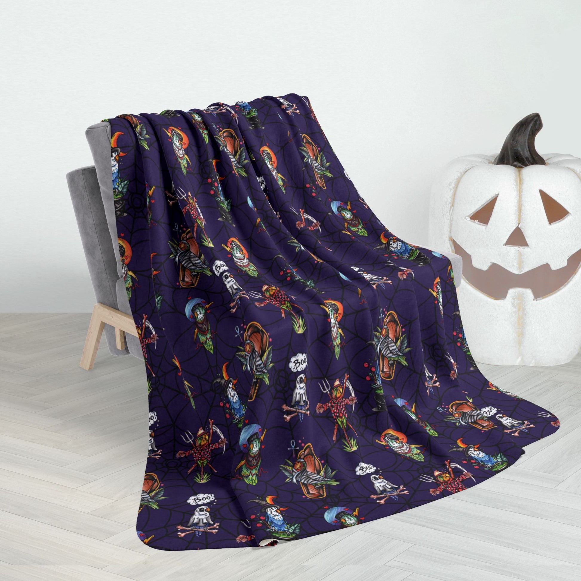 60" × 80" Halloween Lovebirds Fleece Sherpa Blanket, Hand-Drawn & Hand-Colored