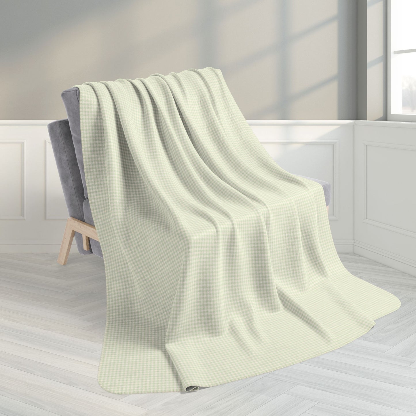 60" × 80" Grey Light Green & Cream Gingham Fleece Sherpa Blanket