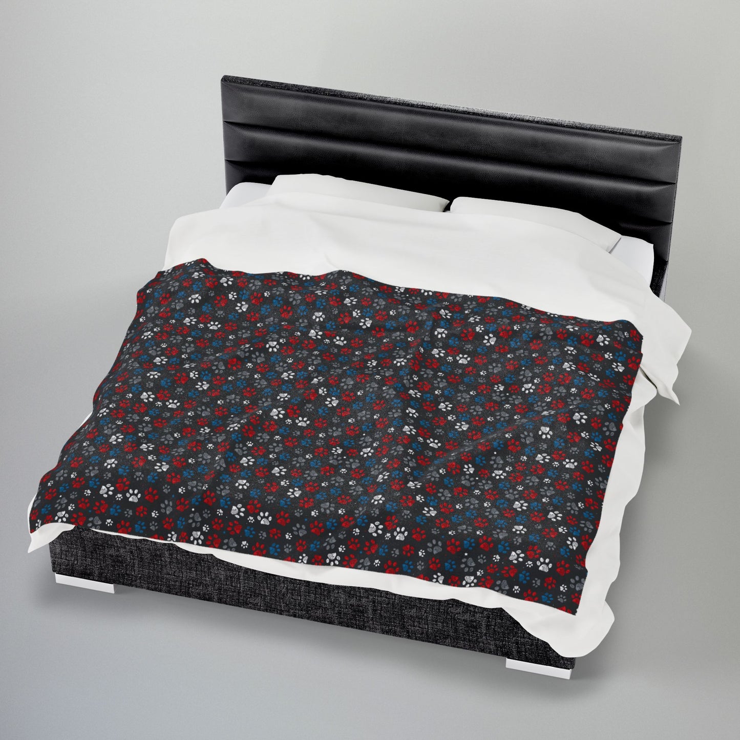 White, Red & Blue Ohio Paw Prints Black Velveteen Plush Blanket