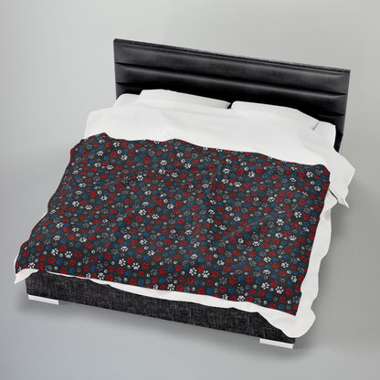 White, Red & Blue Ohio Paw Prints Black Velveteen Plush Blanket
