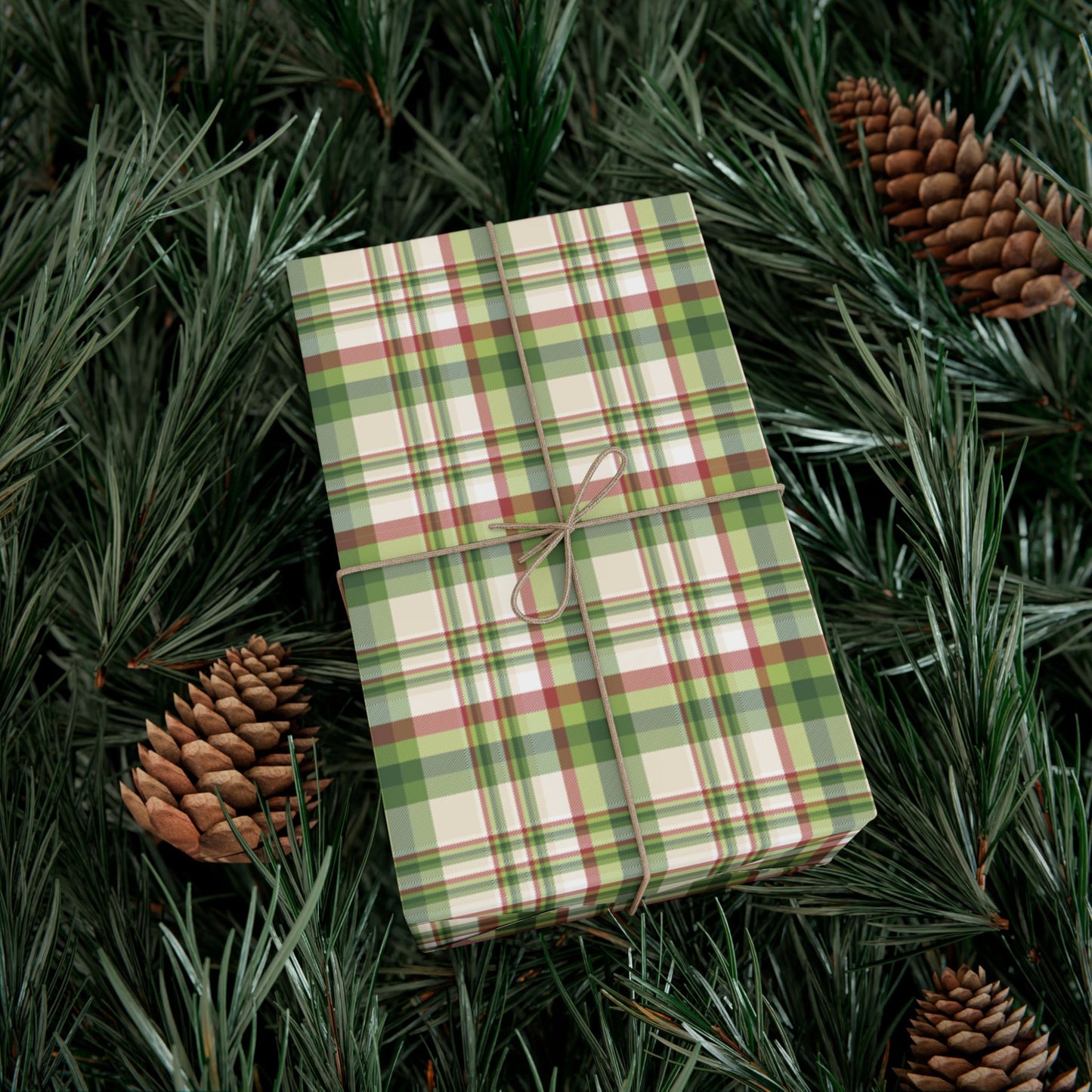 Christmas Green, Cream & Red Plaid Gift Wrapping Paper Roll