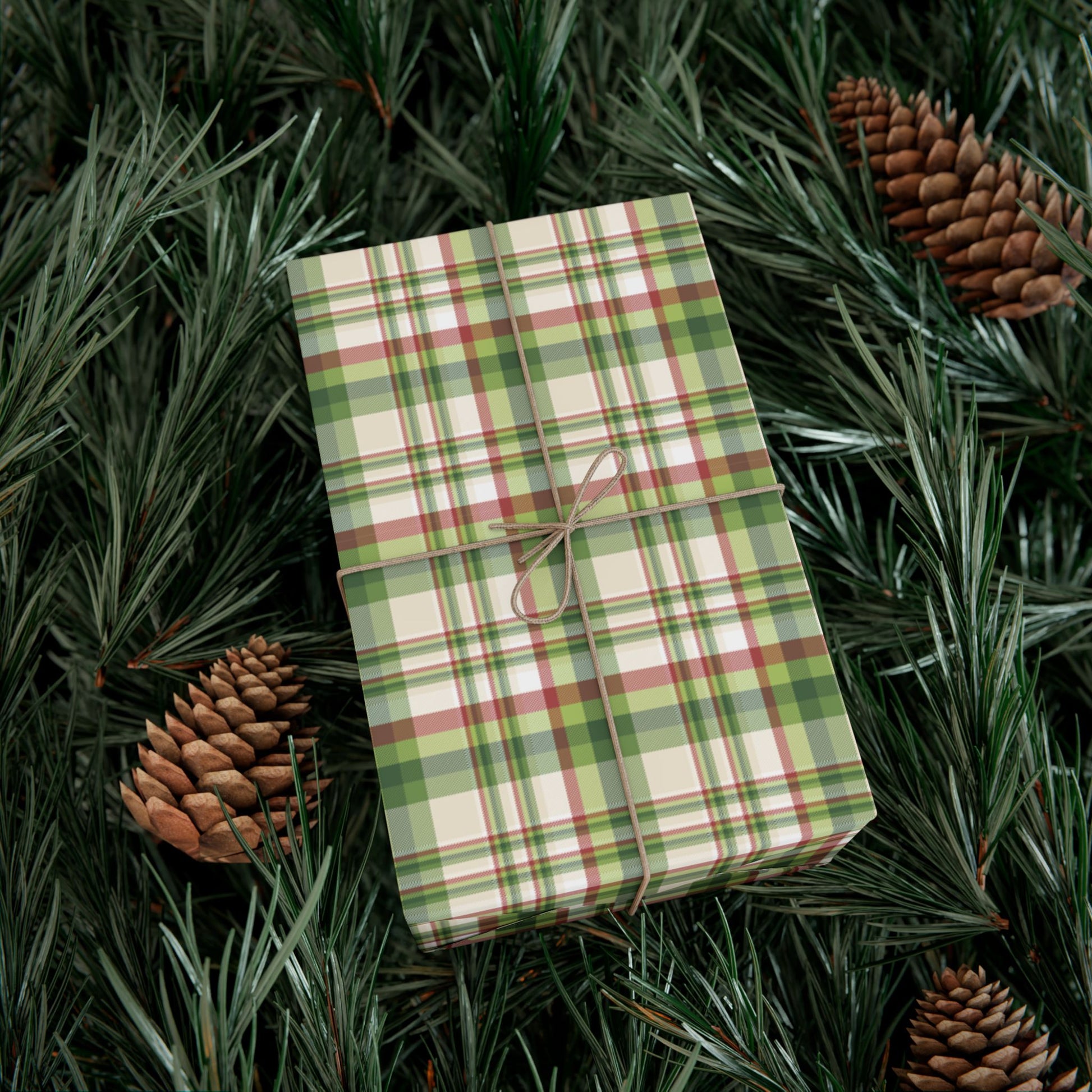 Christmas Green, Cream & Red Plaid Gift Wrapping Paper Roll