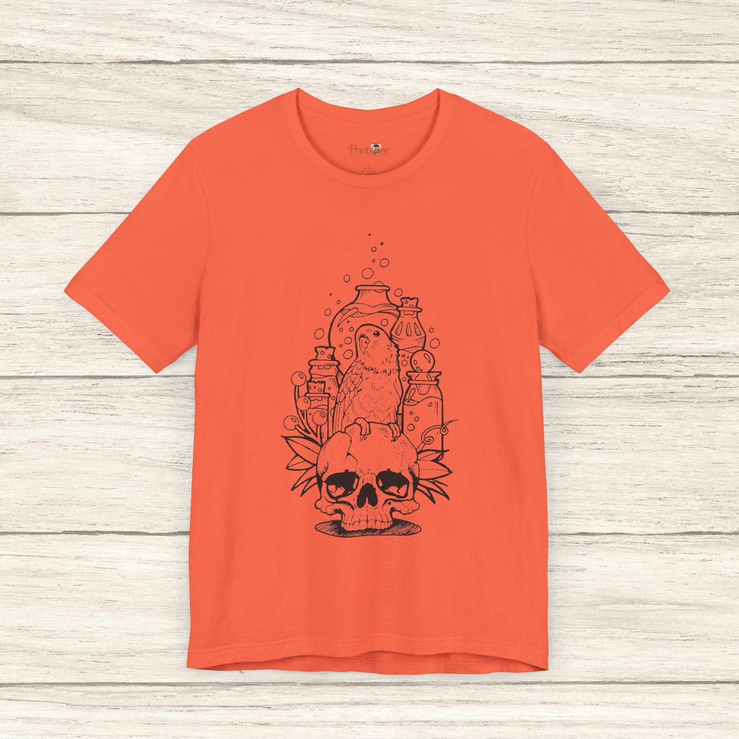 Crazy Scientist Lovebird Sitting on a Skull, Line Art Tee