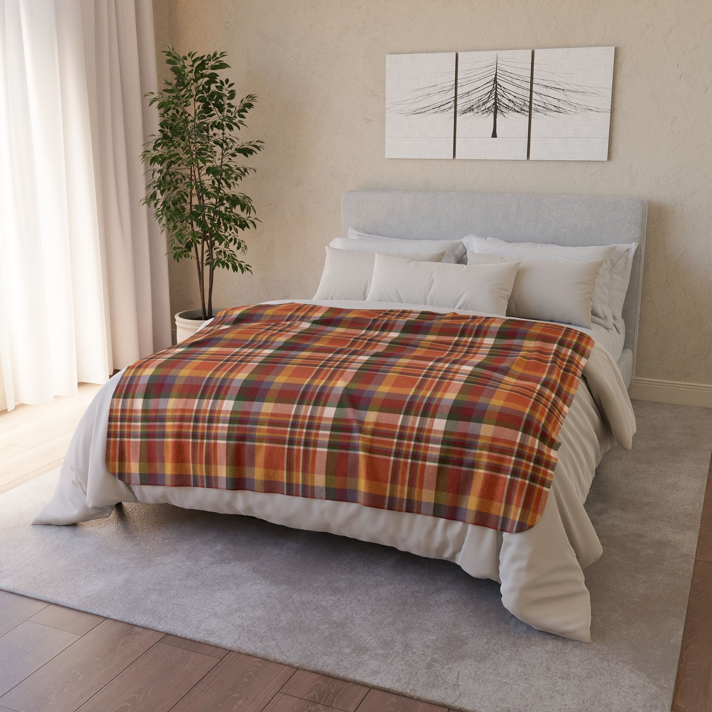 50" × 60" Beige Autumn Burnt Orange Plaid Fleece Sherpa Blanket