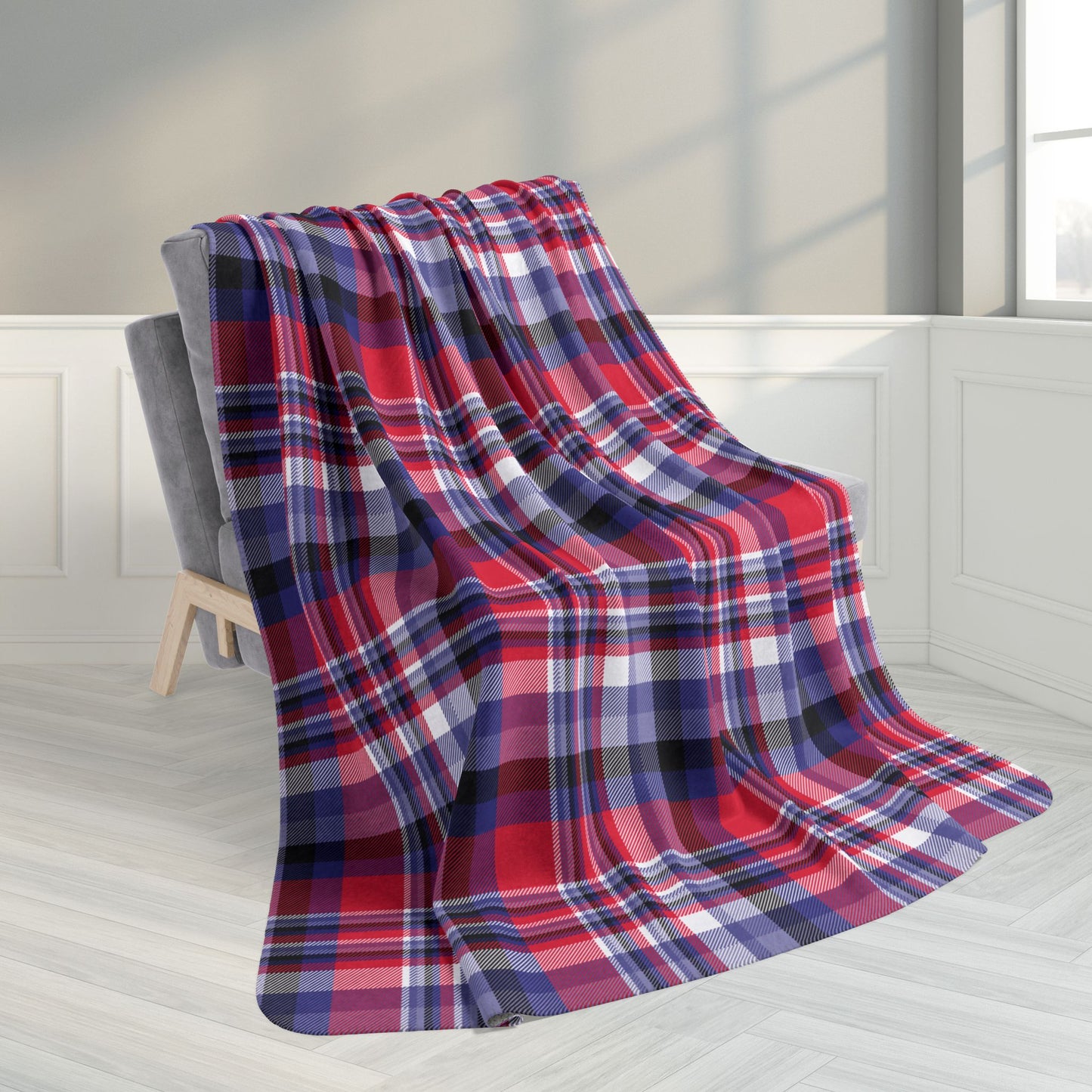 60" × 80" Grey Nautical Red Plaid Fleece Sherpa Blanket