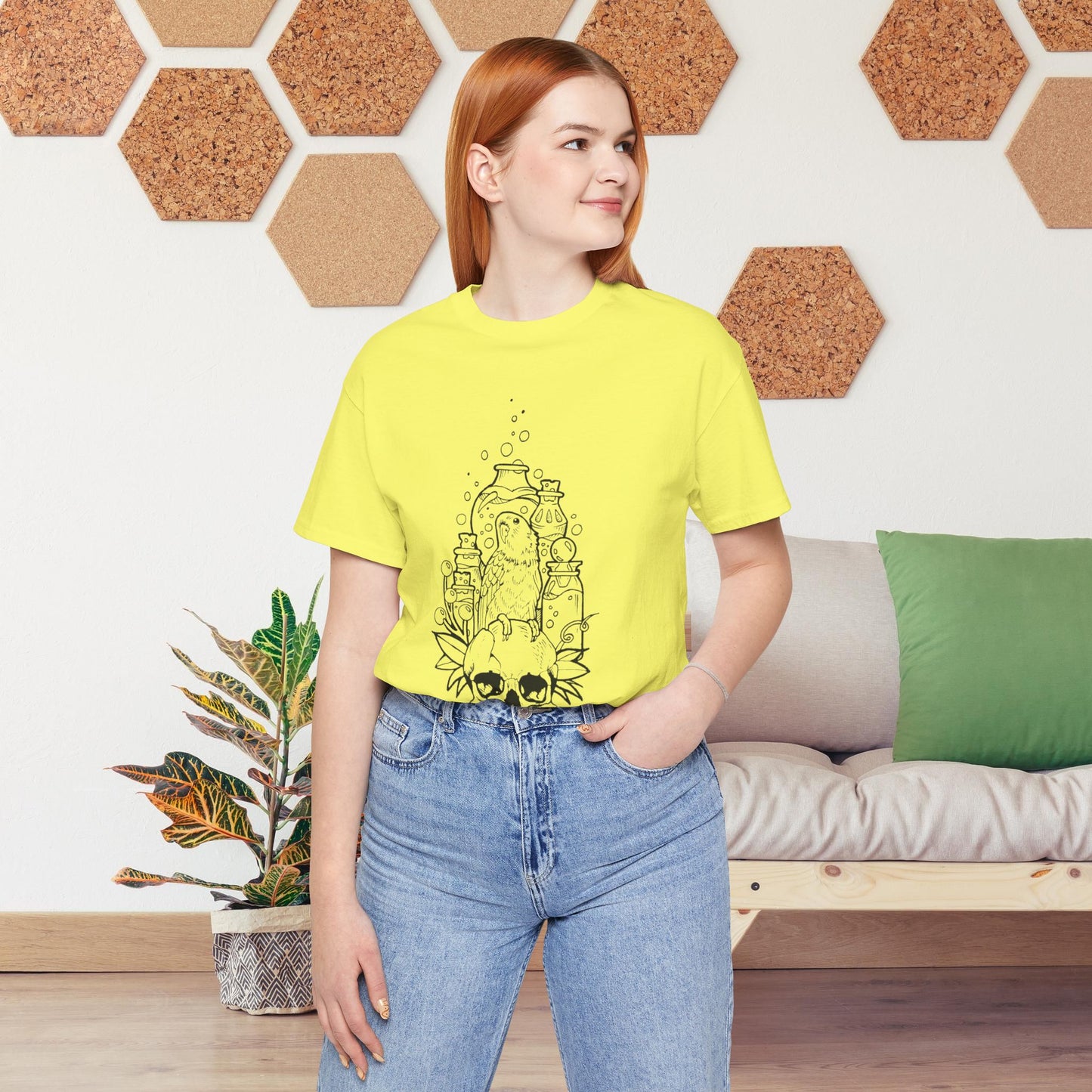 Crazy Scientist Lovebird Sitting on a Skull, Line Art Tee