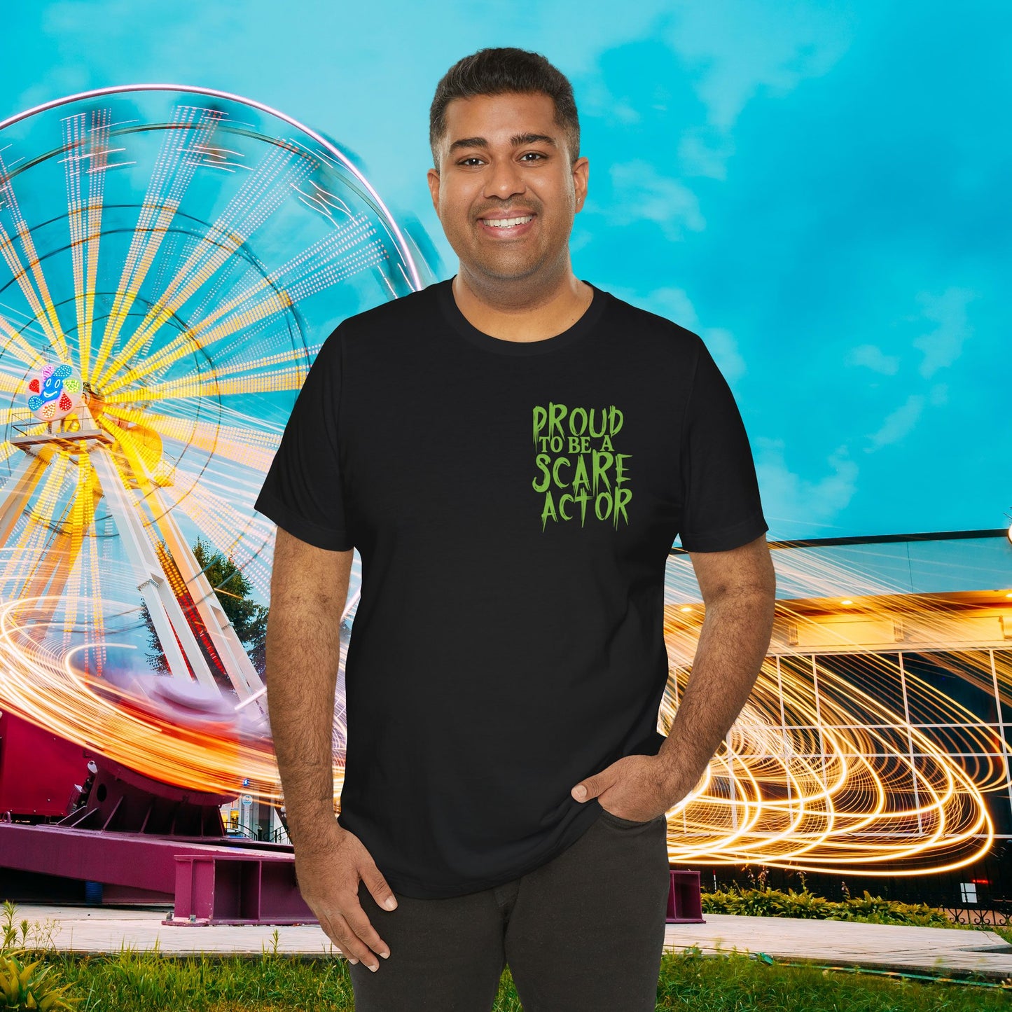 I Just Wanna Scare People & Ride Roller Coasters Tee / Proud Scare Actor (BACK graphic) • Irvine Ondrey Engineering