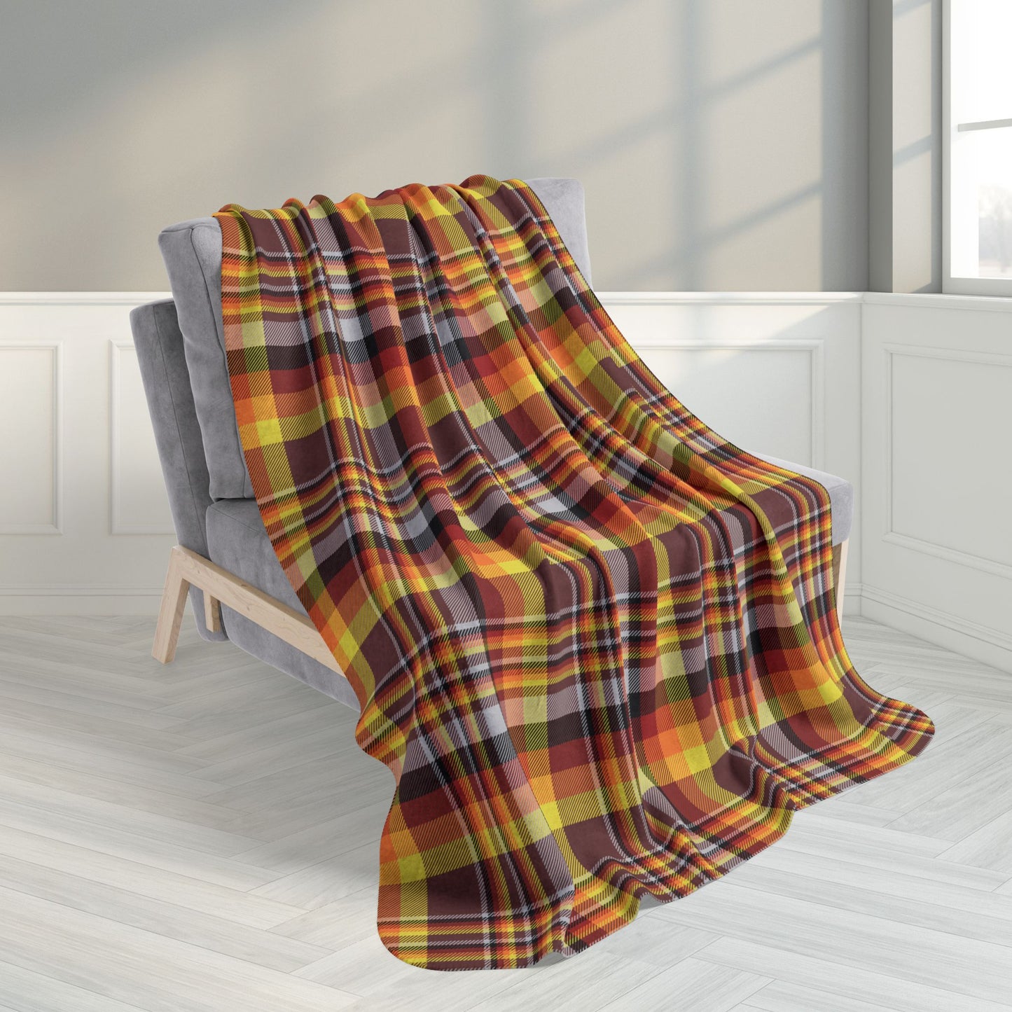 50" × 60" Brown, Orange & Red Mason OH Plaid Fleece Sherpa Blanket