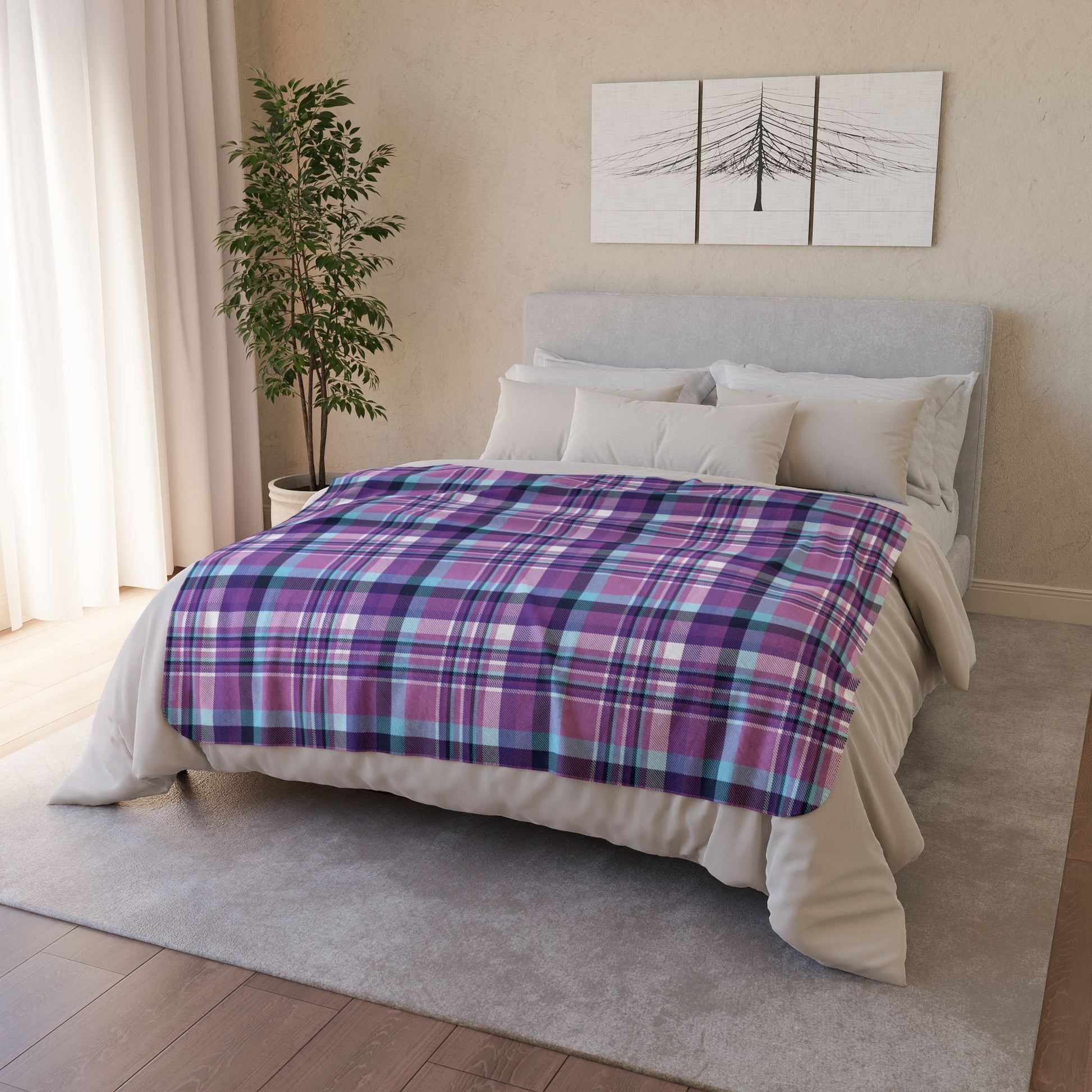 Winter Purple & Blue Plaid Fleece Sherpa Blanket