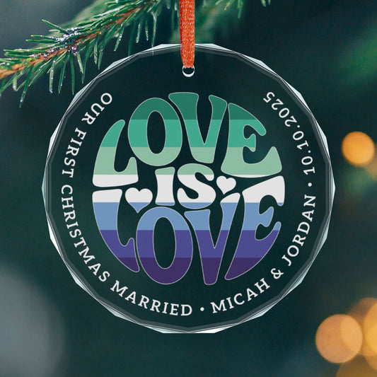 Round One size Custom Crystal Love is Love Gay Men 7-Stripe Pride 3" Circle Ornament