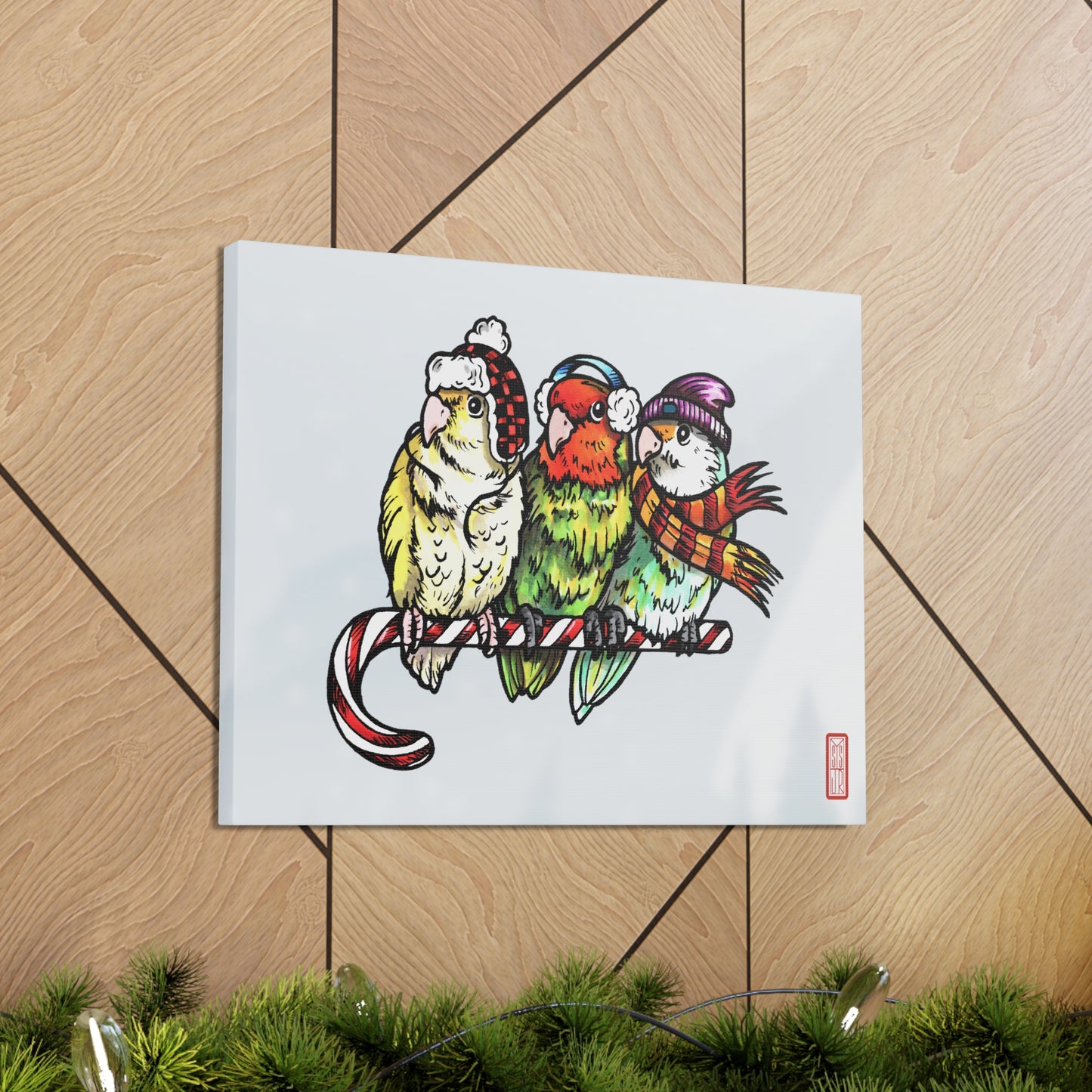 3 tourtereaux avec vêtements d’hiver et perchés sur une canne en bonbon, art mural sur toile