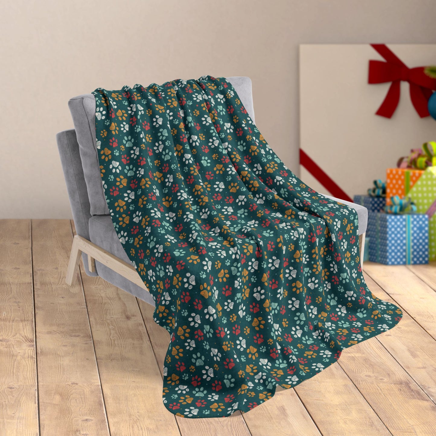 50" × 60" MCM Christmas Paw Prints Teal Fleece Sherpa Blanket