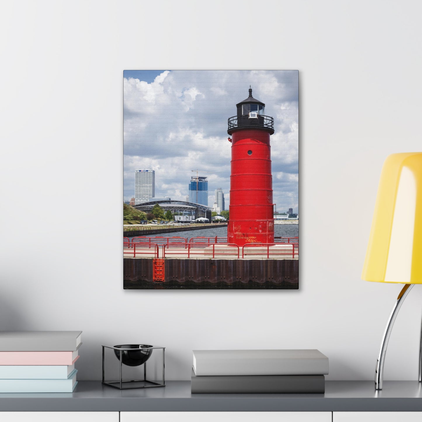 Faro y horizonte de Milwaukee Wisconsin; Milwaukee Pierhead Light, fotografía lienzo envoltura arte de pared