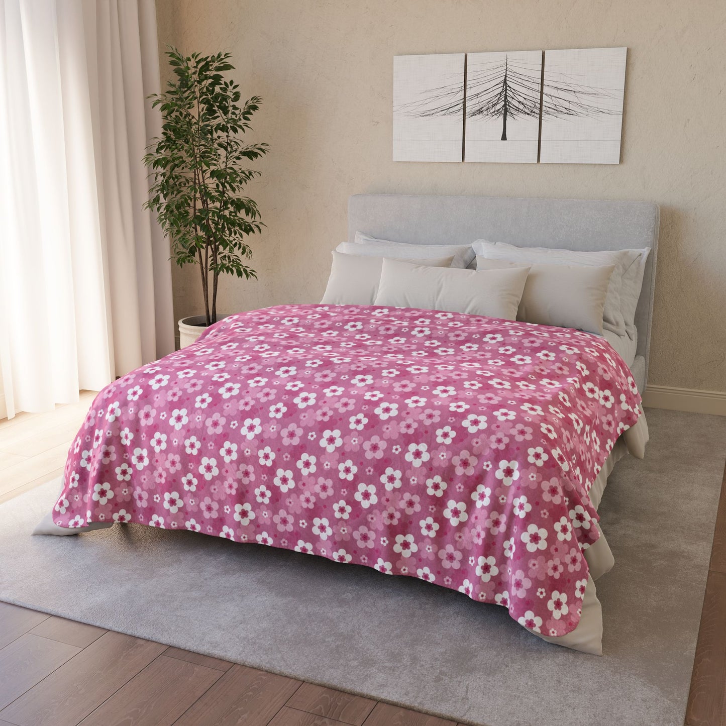 Pink Cherry Blossoms Fleece Sherpa Blanket
