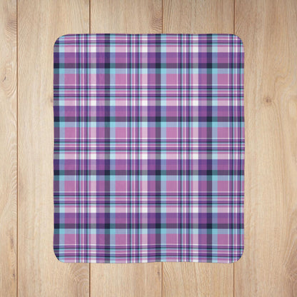 Winter Purple & Blue Plaid Fleece Sherpa Blanket