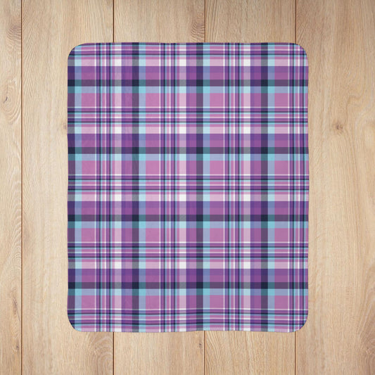 Winter Purple & Blue Plaid Fleece Sherpa Blanket