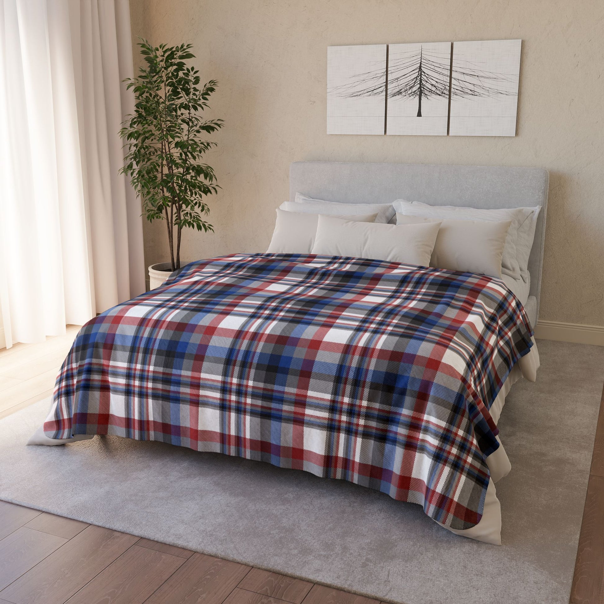 White, Grey, Red & Blue Gurnee IL Plaid Fleece Sherpa Blanket