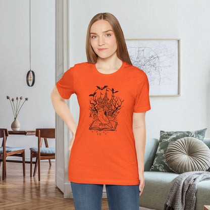 Lovebird on a Spell Book by a Haunted House, Line Art Tee