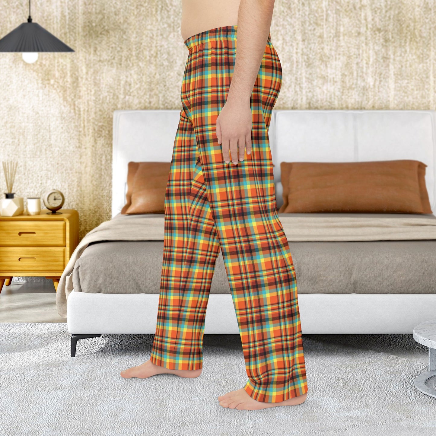 Men’s Orange, Teal & Yellow Santa Claus IN Plaid Pajama Pants