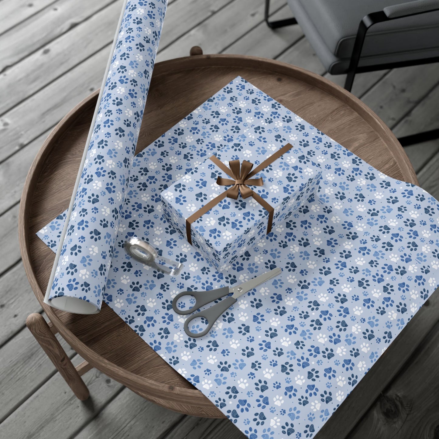 Christmas Blue & White Paw Print Gift Wrapping Paper Roll