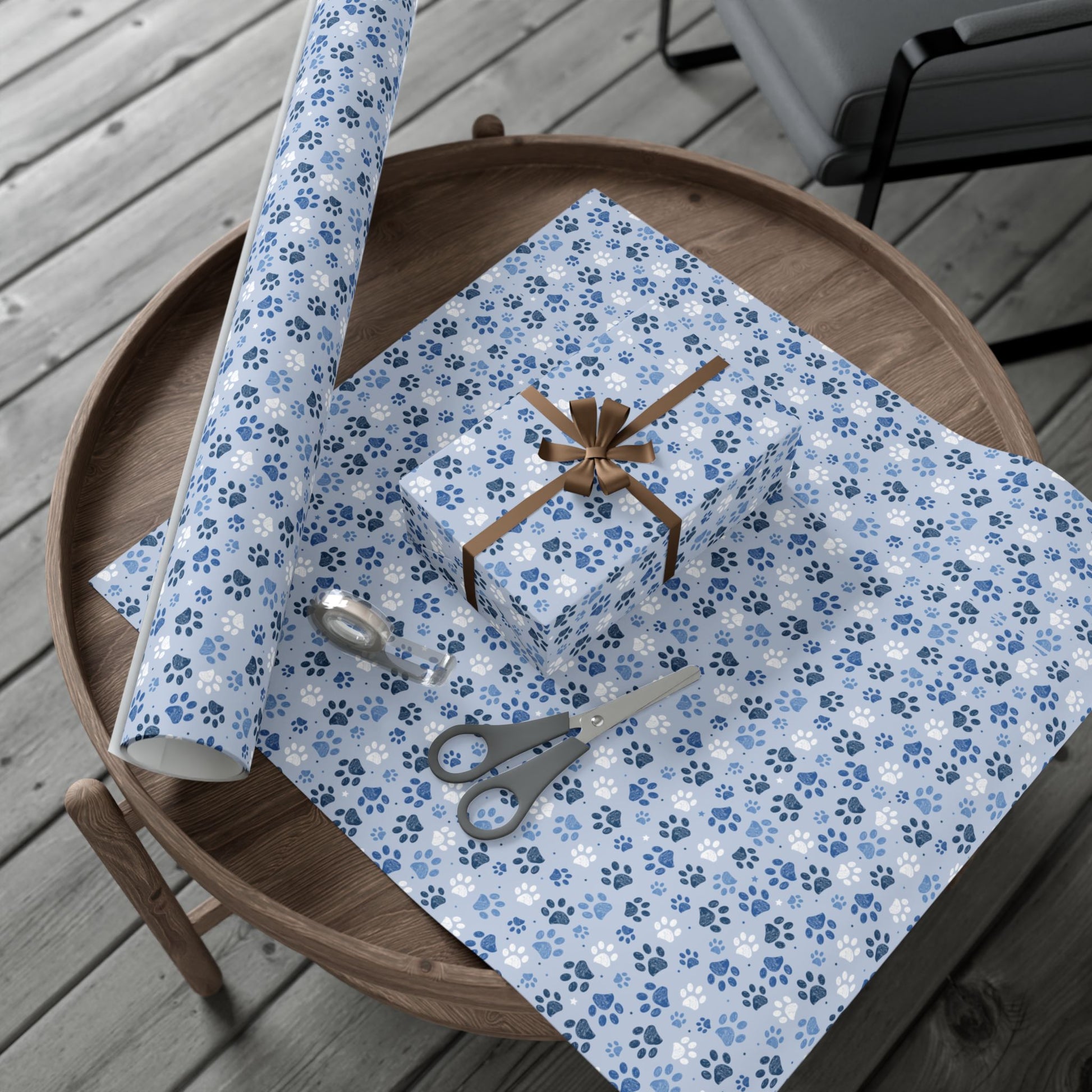 Christmas Blue & White Paw Print Gift Wrapping Paper Roll