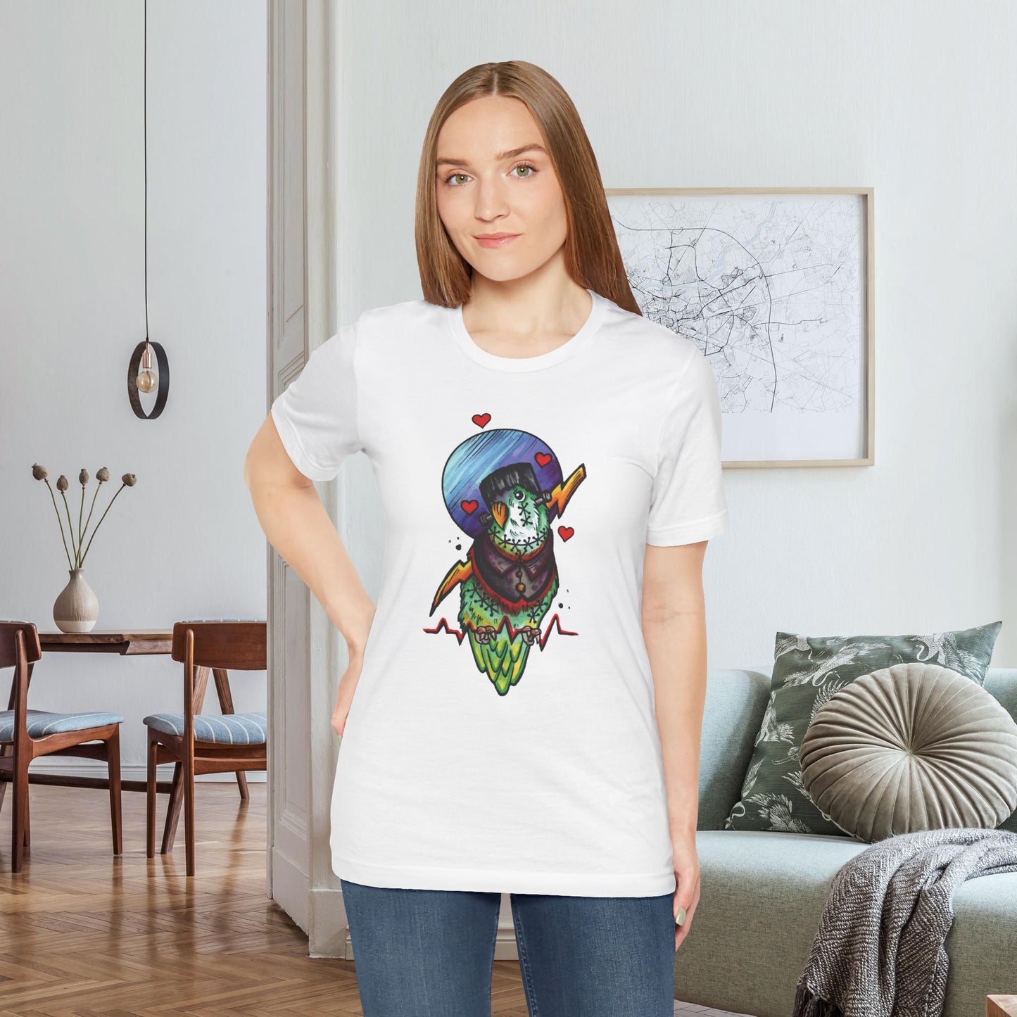 Frankenstein Lovebird, Hand-Drawn & Hand-Colored Tee