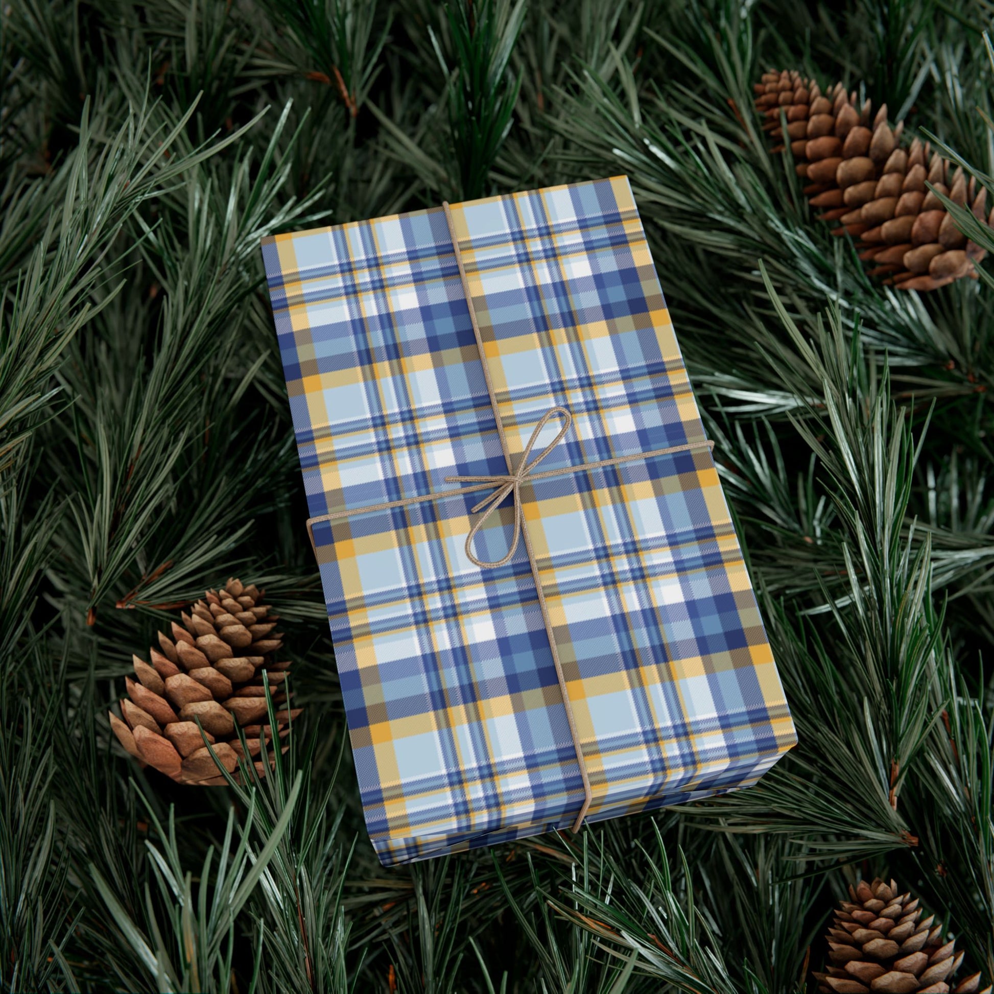 Hannukah Blue, Light Blue, White & Gold Plaid Gift Wrapping Paper Roll