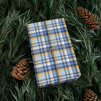 Hannukah Blue, Light Blue, White & Gold Plaid Gift Wrapping Paper Roll