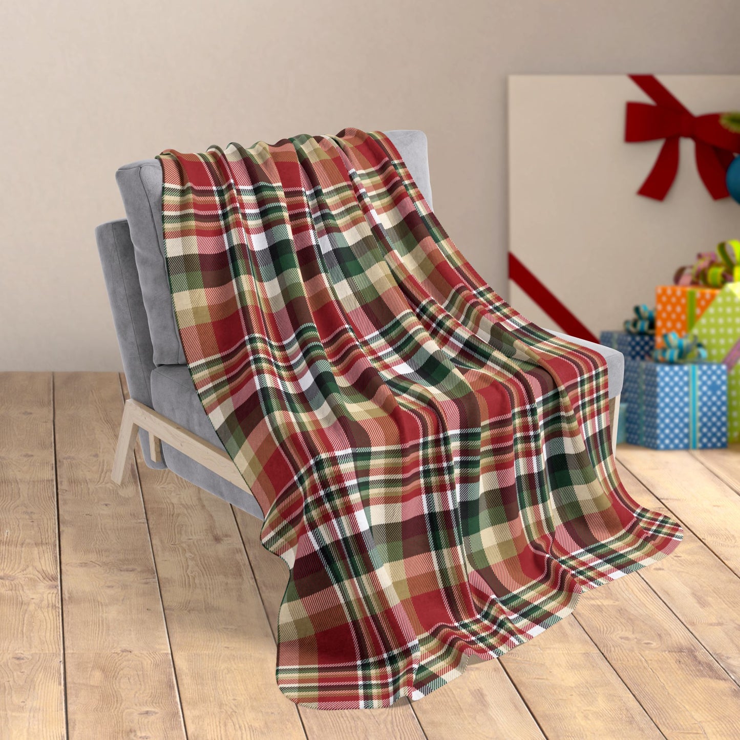 50" × 60" Christmas Red & Gold San Francisco CA Plaid Fleece Sherpa Blanket