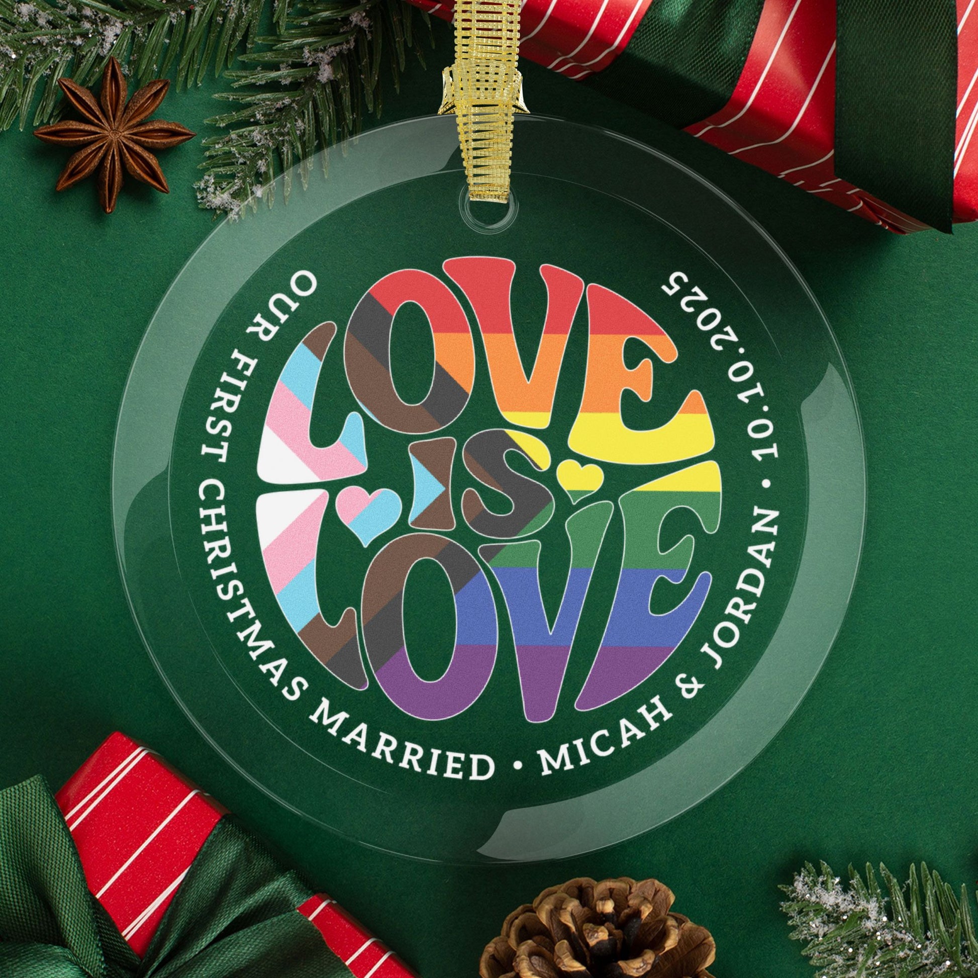 Round One Size Custom Glass Love is Love Rainbow Progress Pride 3.5" Circle Ornaments