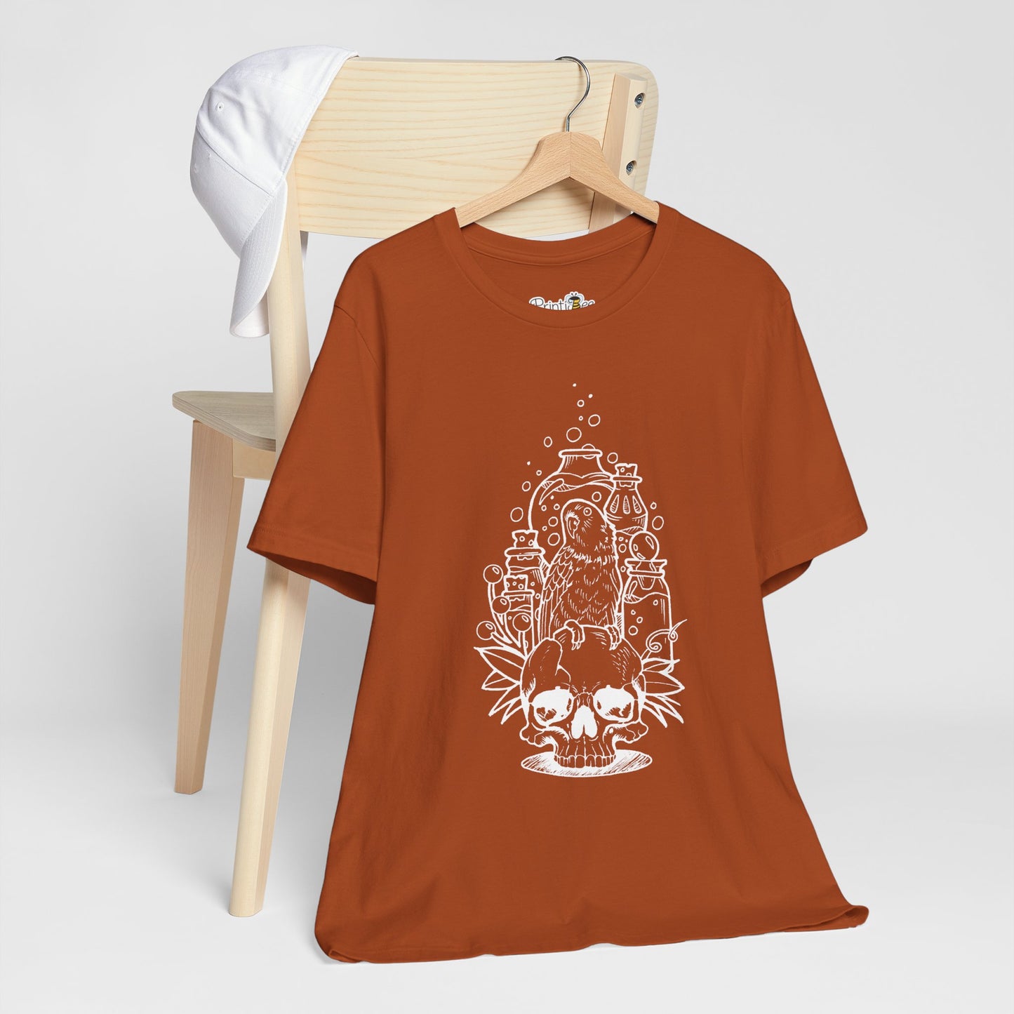 Crazy Scientist Lovebird Sitting on a Skull, Line Art Tee