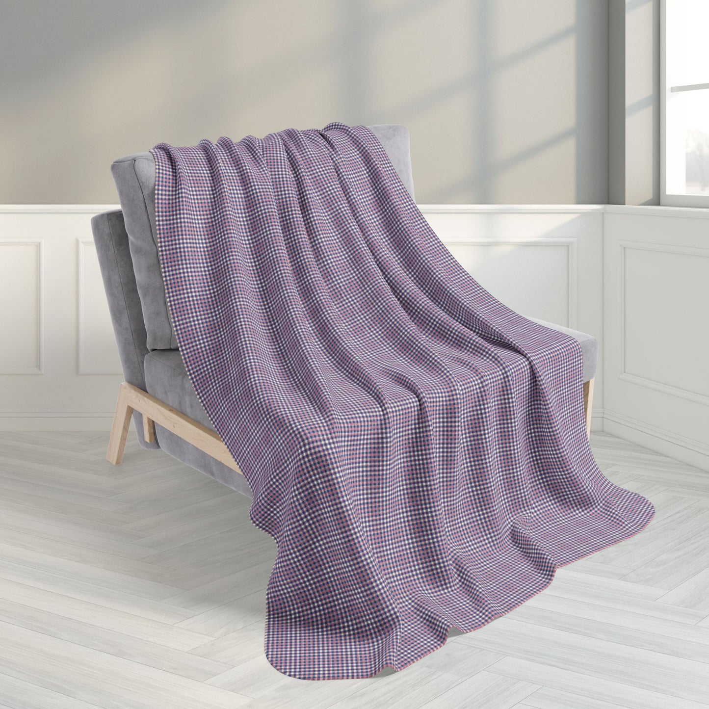Pink & Slate Blue Gingham Fleece Sherpa Blanket