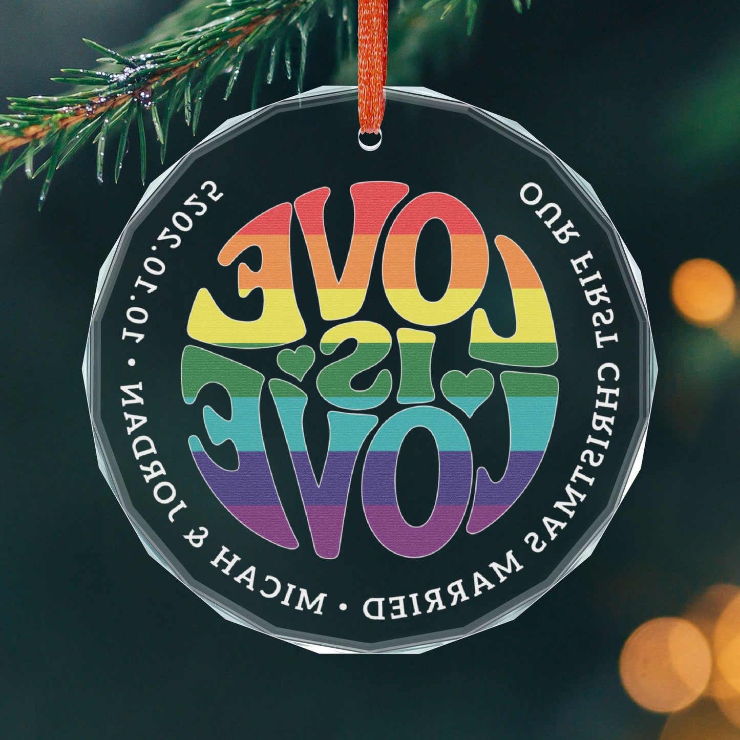 Custom Crystal Love is Love Rainbow 7-Stripe Pride 3" Circle Ornament