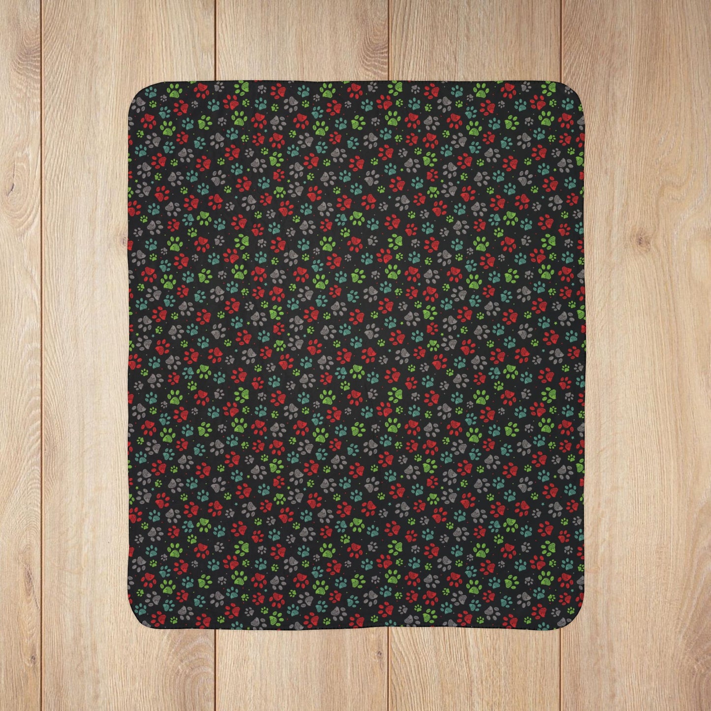 Light Green & Red Ohio Paw Prints Black Fleece Sherpa Blanket