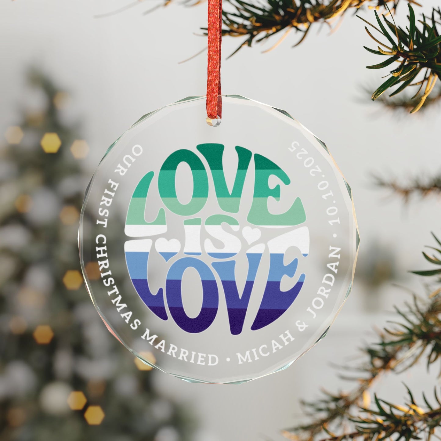 Custom Crystal Love is Love Gay Men 7-Stripe Pride 3" Circle Ornament
