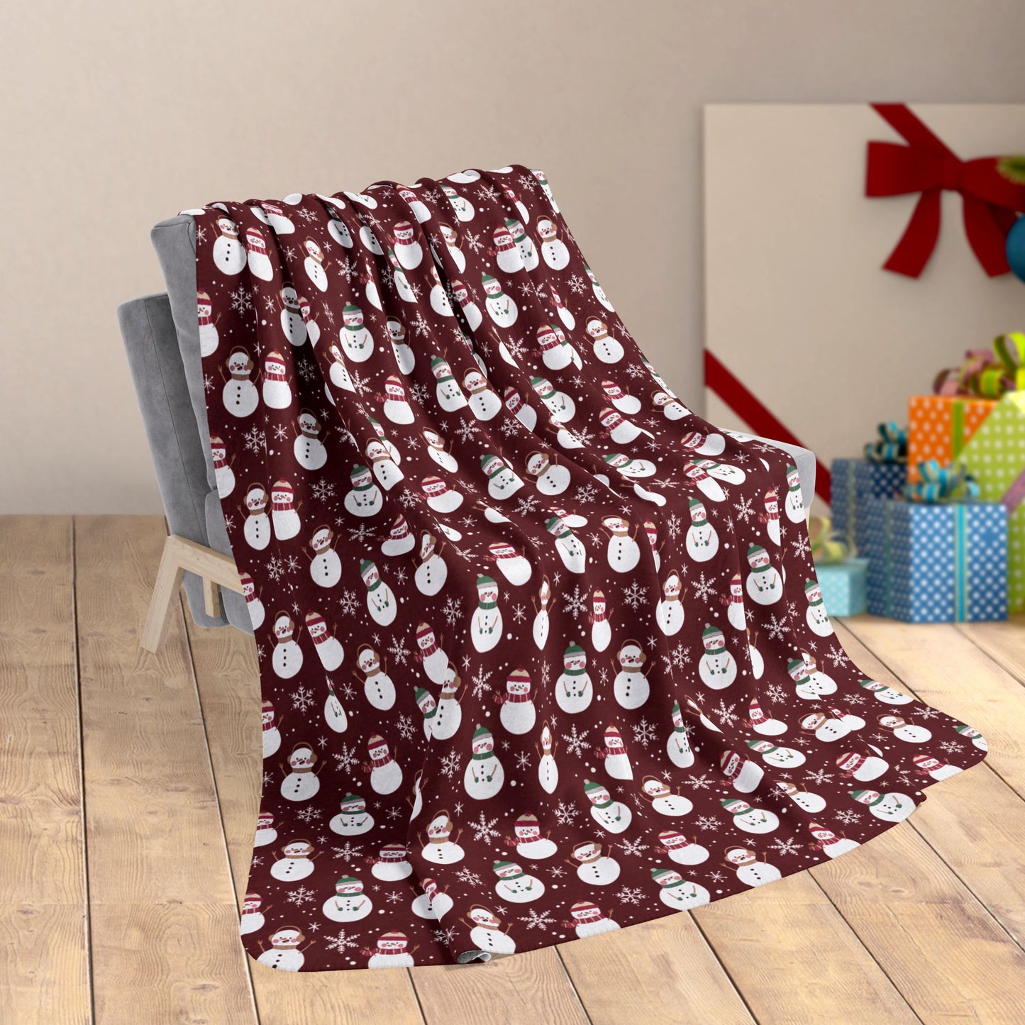 60" × 80" Christmas Brown & Green Snowman Red Fleece Sherpa Blanket