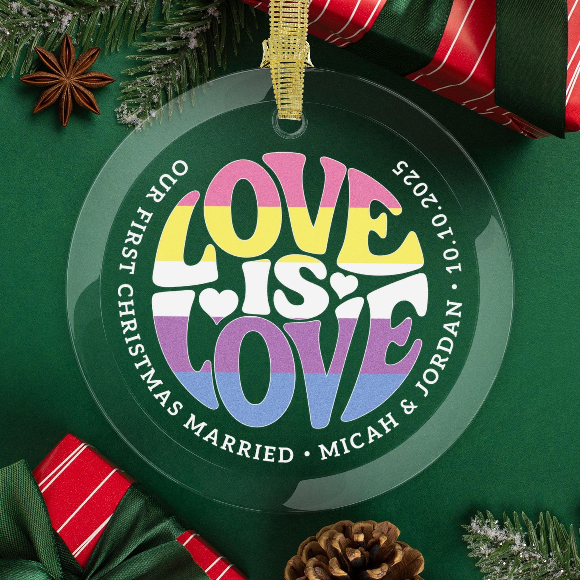 Round One Size Custom Glass Love is Love Bigender Pride 3.5" Circle Ornaments