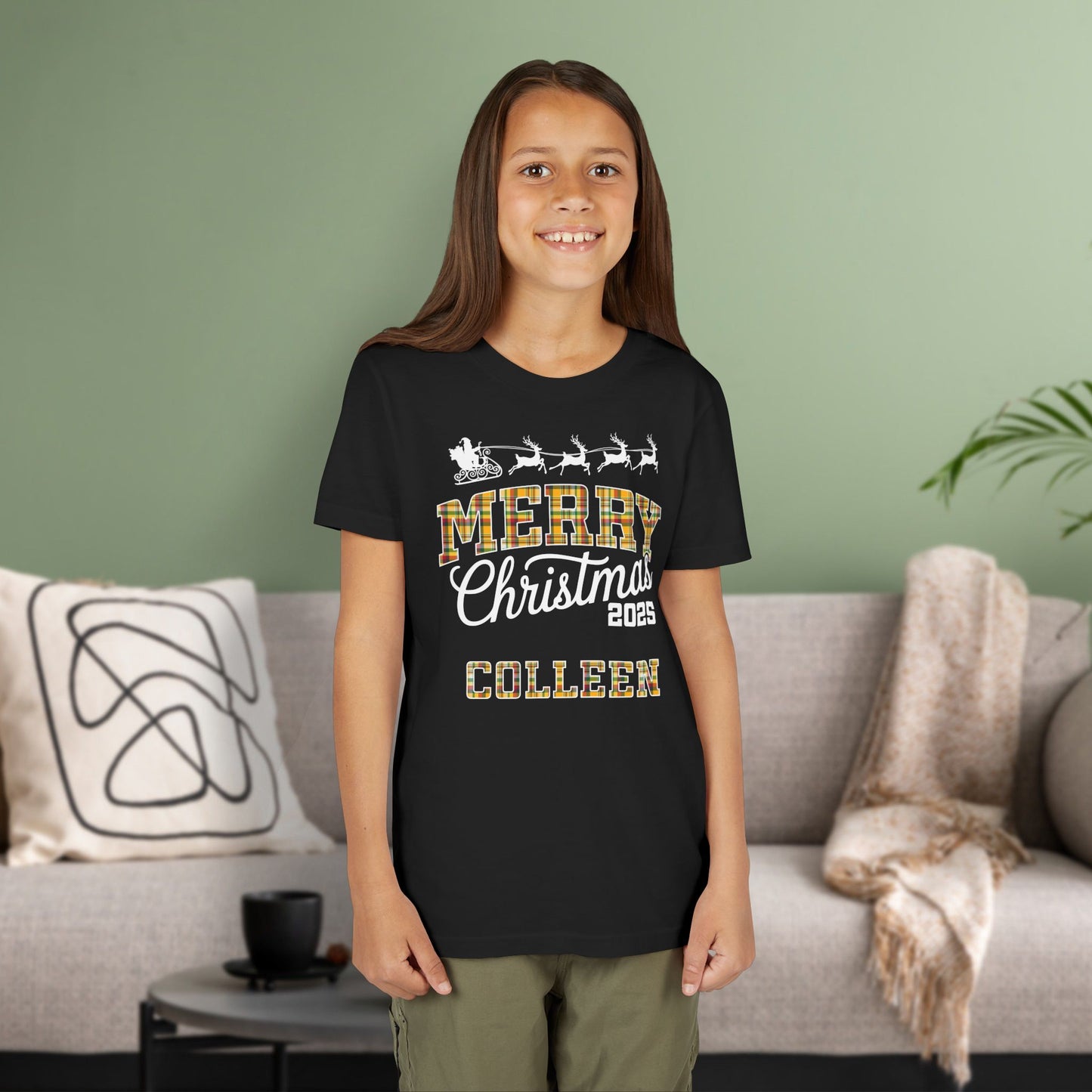 Black Custom Christmas Green & Gold Green Bay WI Plaid Kids Tee Youth Pajama Top