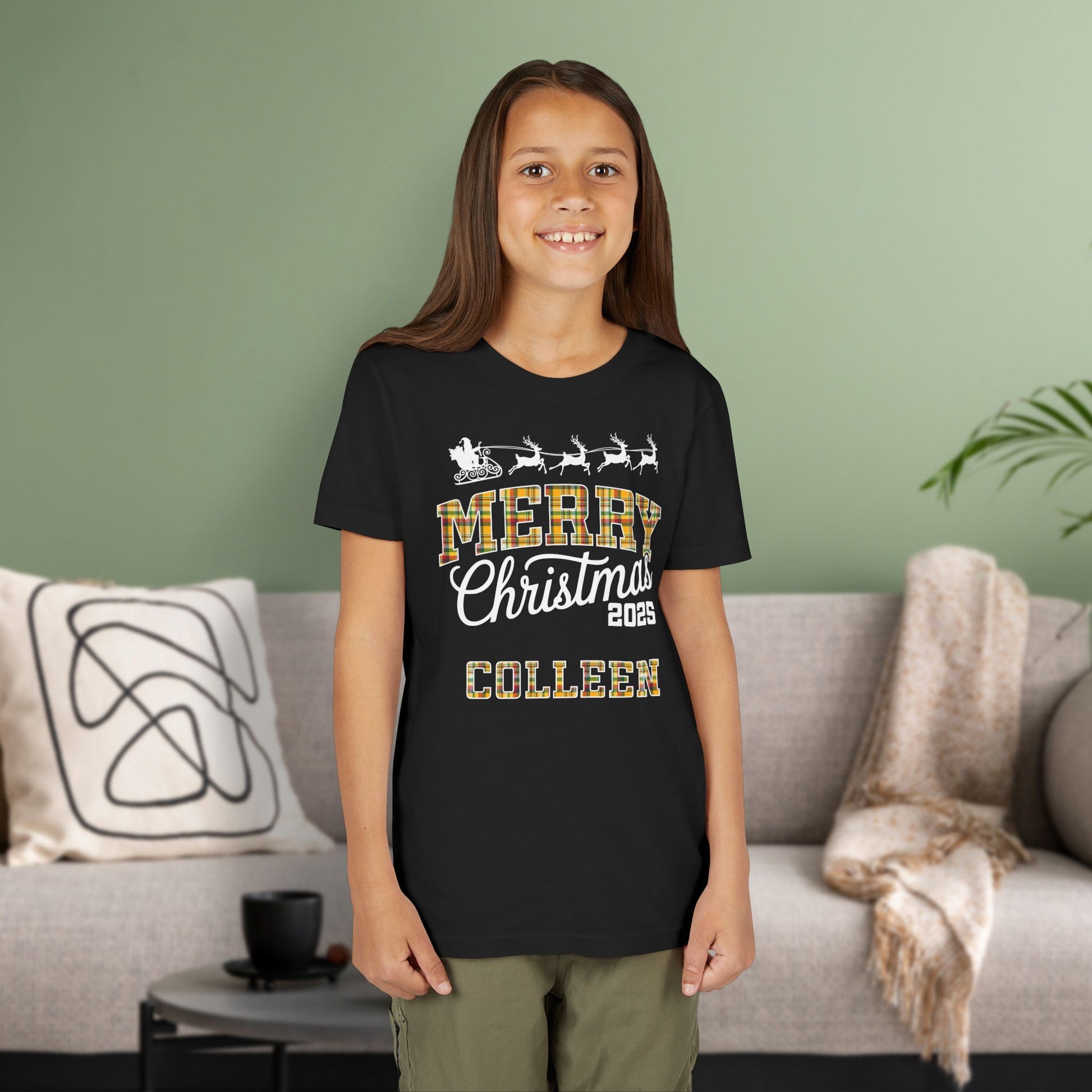 Black Custom Christmas Green & Gold Green Bay WI Plaid Kids Tee Youth Pajama Top