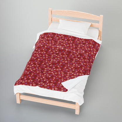Red & White Paw Prints Detroit MI Velveteen Plush Blanket