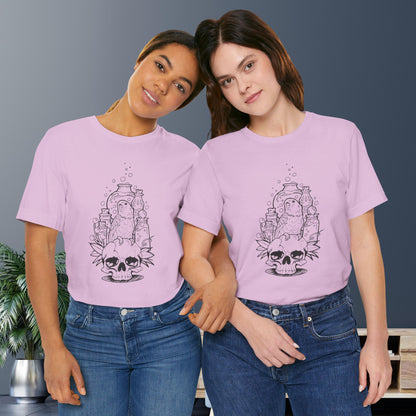 Crazy Scientist Lovebird Sitting on a Skull, Line Art Tee