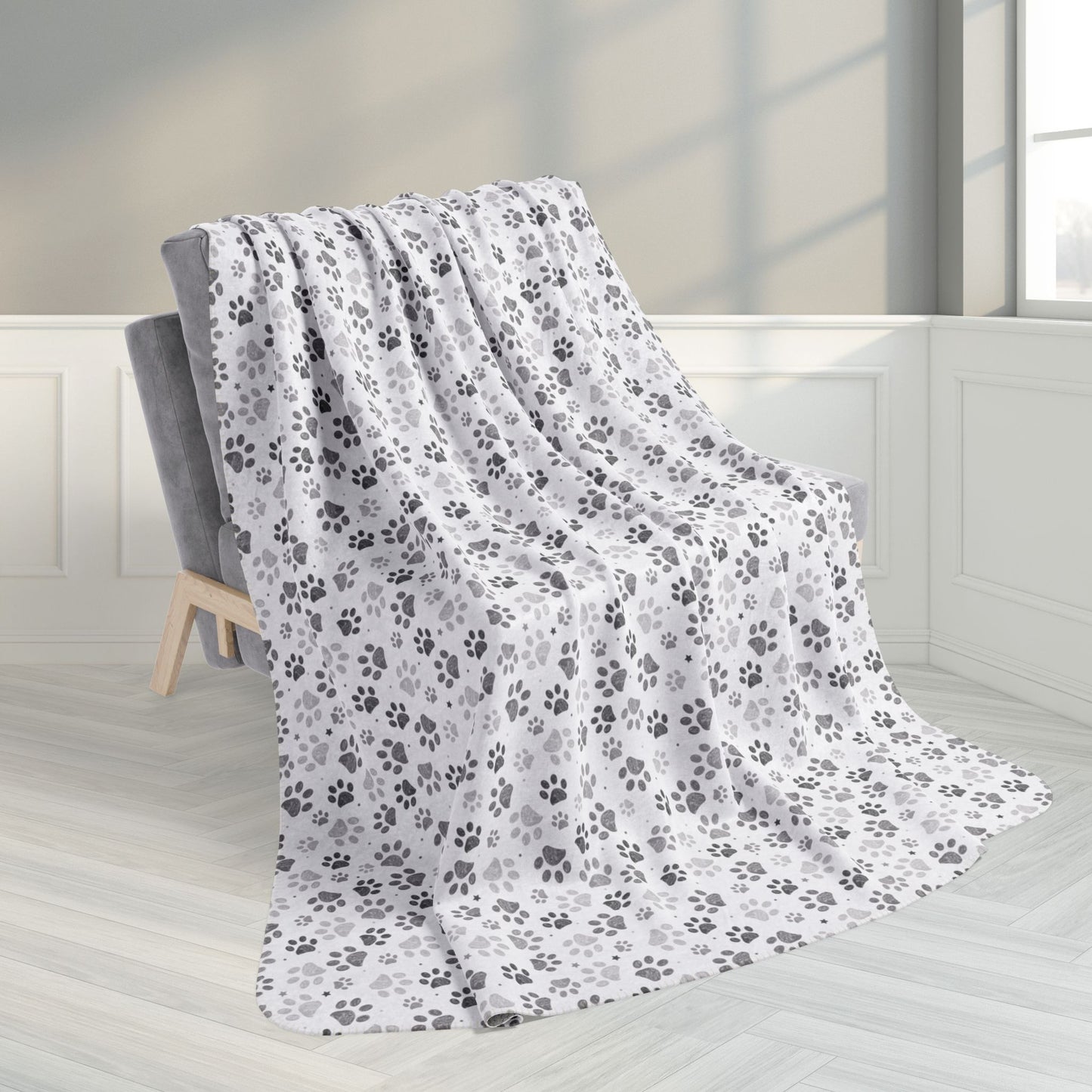 60" × 80" Grey Paw Prints White Fleece Sherpa Blanket