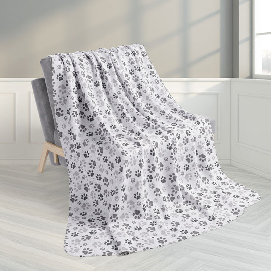 60" × 80" Grey Paw Prints White Fleece Sherpa Blanket